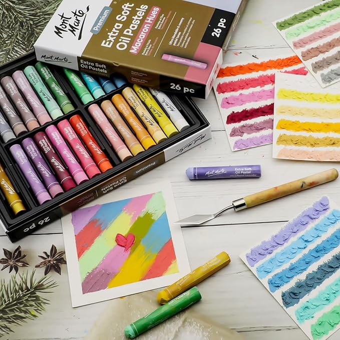 Mont Marte Extra Soft Oil Pastels Macaron Hues Premium 26pc, Assorted Pastel & Metallic Colors, Vibrant, Buttery, Versatile Art Pastels for Blending, layering & Shading, Coloring, Sketching