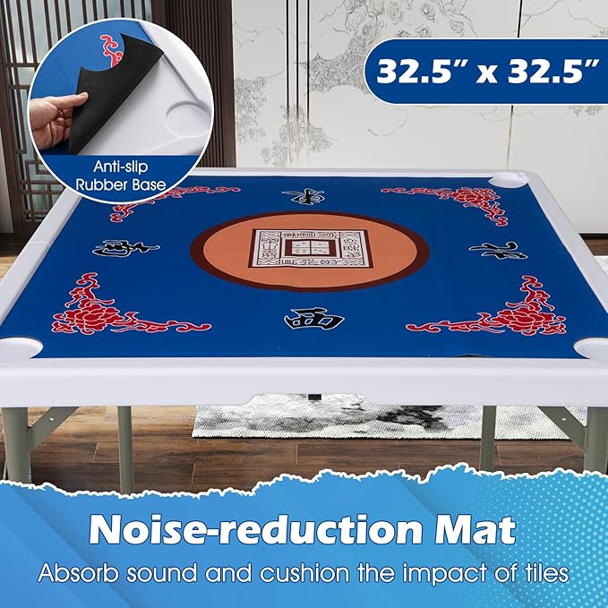 Giantex Folding Mahjong Table, 35" Square Card Table with Cup Holders, Removable Noise Reduction Mat, HDPE Tabletop, 4-Player Portable Domino Tables for Poker Blackjack Board Game (Navy)