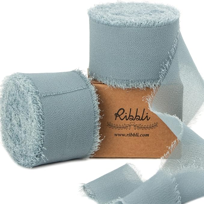 Ribbli Slate Blue Chiffon Ribbon 1-1/2 inch x 20 Yard Handmade Fringe Chiffon Silk Ribbon for Wedding Invitations, Bridal Bouquets Wrapping, Flower Arrangement Decoration