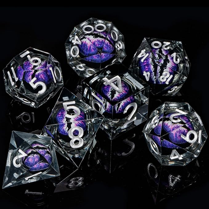 ARUOHHA DND Resin Dice Dragon Eye Dice Liquid Core Purple Sharp Edged Dice Set with Gift Box, Dungeons Polyhedral D and D Dice Set Compatible with D&D Role Playing Game D20 D12 D10 D8 D6