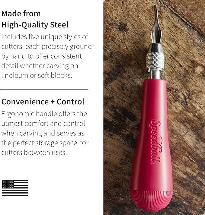 Speedball 4131 Linoleum Cutter – 5 Assorted Lino Cutters Includes Plastic Storage Handle, Made in The USA