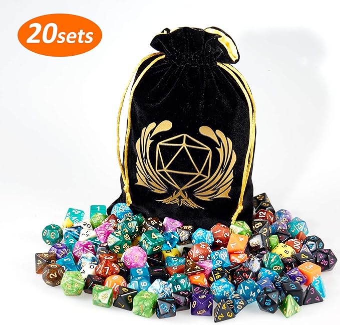 Coyeekn DND Dice Set, 20 x 7 (140 Pieces) Polyhedron Dice 20 Colors Dice for Dungeons and Dragons DND RPG MTG Table Games D4 D8 D10 D12 D20 with 1 Large Flannel Bag