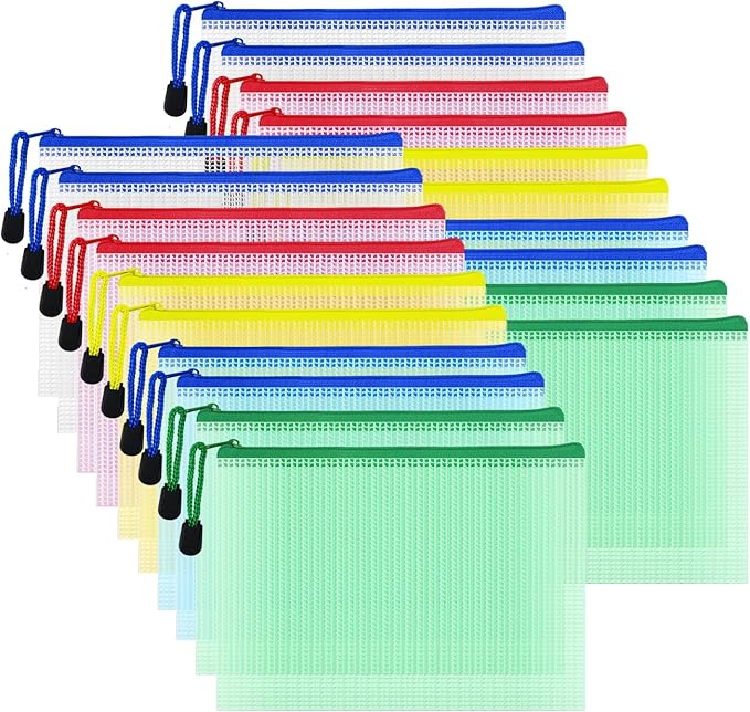 AUSTARK 20 Pcs Zipper File Bags, Plastic Mesh Pouch, Board Game Storage Bag, Waterproof Bags for Office School (B6 Size 7.6''x5.3'', Multicolored)