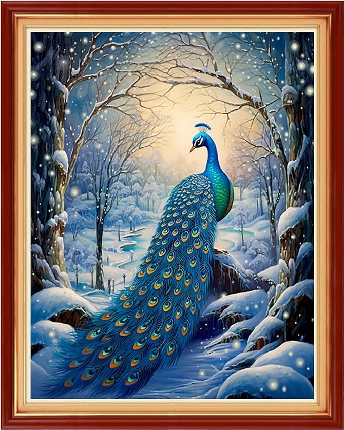 Dimxvean Stamped Cross Stitch Kits,Cross Stitch Kits for Adults Beginners,Embroidery Kits Full Range of Cross Stitch Stamped Kits Needlepoint Kits Cross Stitch Patterns-Blue Peacock Snow 16x20 inch