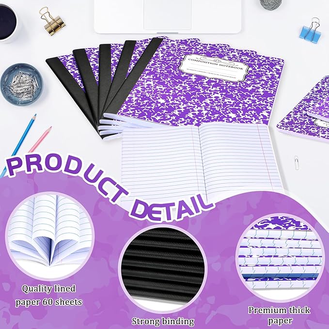 Seajan 20 Pack Composition Notebooks, Wide Ruled Paper, 7-1/2" x 9-3/4" Marble Hard Covers, 60 Sheets, Composition Notebooks Bulk for Students Back to School Adults Office Supplies(Purple)
