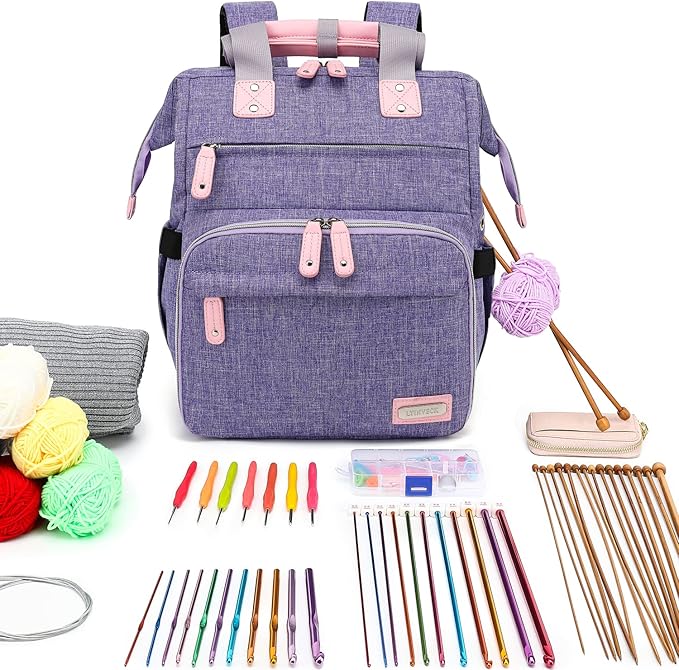Crochet Backpack,Knitting Bag Backpack Yarn Storage Organizer Travel Crochet Bag with USB Charging Port,Large Yarn Tote Bag, Purple, Crochet Backpack, Travel