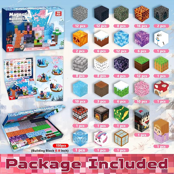 Magnetic Blocks-150PCS Magnetic Building Blocks Magnet Cubes Stacking Dark Forest Glacier Castle, STEM Montessori Sensory Toys for Kids Boys Girls Ages 4-8 Holiday Birthday Easter Gifts