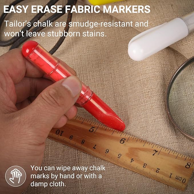 (2-pack) Fabric Chalk Markers -Erase Tailor’s Chalk for Quilting and Sewing - Compatible with Most Fabrics - With Dosing Wheel Technology, Yellow & White