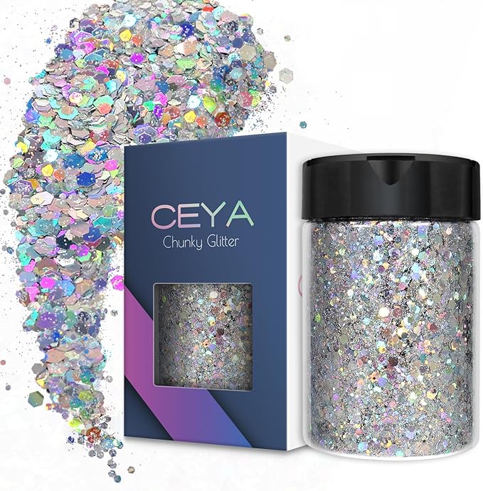 Ceya Holographic Chunky Glitter, 4.9oz/ 140g Silver Craft Glitter Powder Mixed Chunky Fine Flakes Iridescent Nail Sequins for Nail Art, Hair, Epoxy Resin, Tumblers, Slime, Painting, Festival Decor