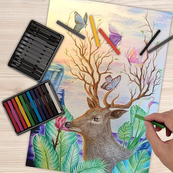 Chalk Pastels, Vine Charcoal and Graphite Sticks for Artists Drawing, Set of 24 Pcs