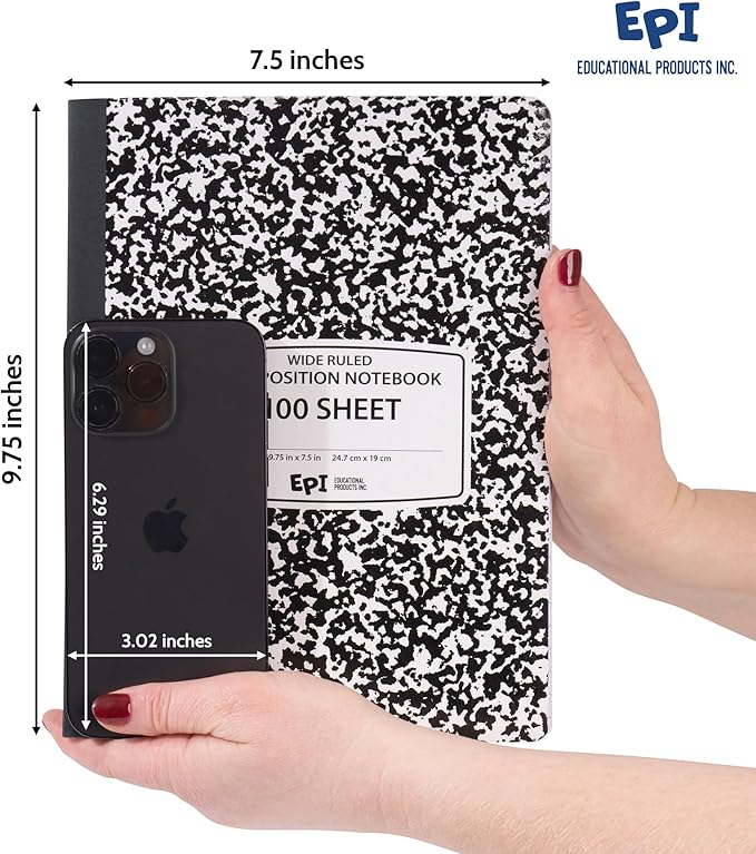 EPI Marble Hardcover Wide Ruled Composition Notebook | 200 Pages (100 Sheets), 9.75 x 7.5 in, Sturdy Sewn Binding | School, Office, Journaling, Notes - 12 Pack