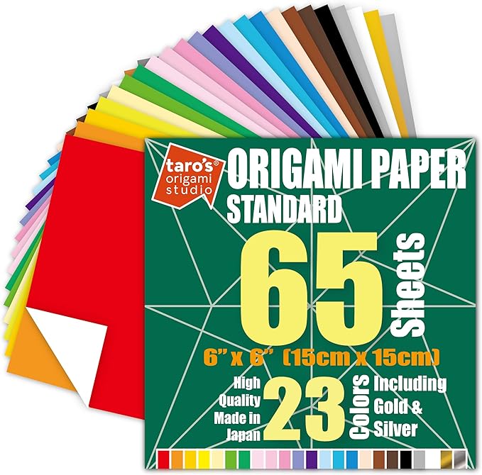[Taro's Origami Studio] Standard 6 Inch One Sided 23 Colors 65 Sheets Square Easy Fold Premium Japanese Paper for Beginner (Gold and Silver Included)