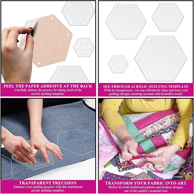 Hexagon Quilting Template Set - 4", 3", 2", 1" Sizes with 1/4" Seam Allowance - Durable Acrylic Templates for Quilting, Patchwork, Crafting, & Sewing Projects - Clear Templates for Accuracy