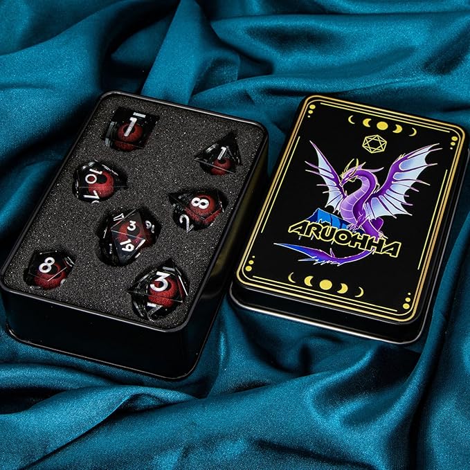ARUOHHA DND Resin Dice Dragon Eye Dice Liquid Core Red Sharp Edged Dice Set with Gift Box, Polyhedral D and D Dice Set Role Playing Game D20 D12 D10 D8 D6 D4