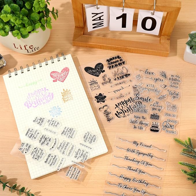 Whaline 4 Sheets Sentiment Words Clear Stamps Greeting Words Happy Birthday Silicone Transparent Stamps for DIY Craft Card Making Scrapbooking Embossing Album Decor