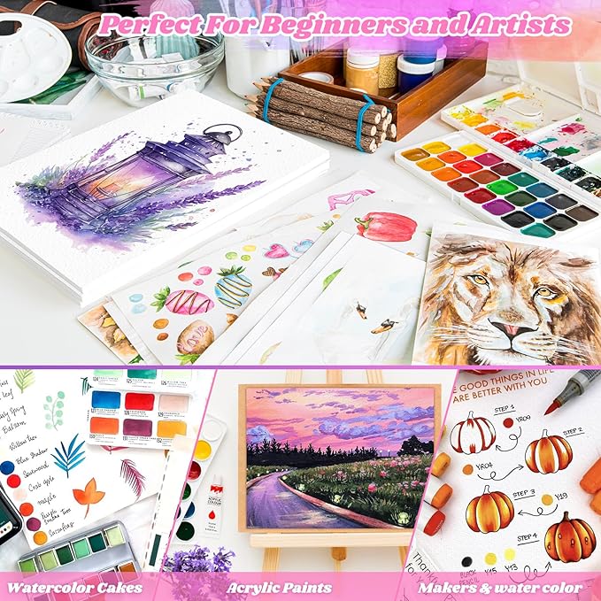 64 Sheets Watercolor Paper, 5"x7" Water Color Paper, 140lb/300gsm Artist Sketch Easel Acrylic Painting Loose Drawing Paper Bulk, Art Supplies for Kids Child Adults, Watercolors, Watercolor Paint Set
