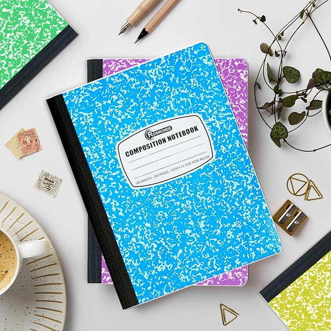 Rosmonde 50 Pack Bulk Composition Notebooks, Wide Ruled, 200 Pages (100 Sheets), 9-3/4 x 7-1/2, Hard Cover, Bulk School Supplies, Assorted Colors Marble Composition Journal, Bulk Notebooks for School