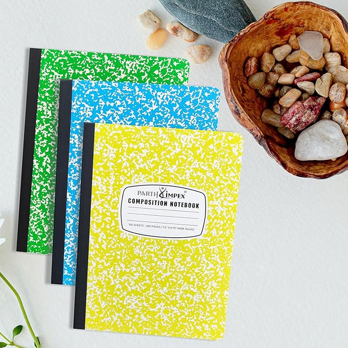 PARTH iMPEX 12 Pack Bulk Composition Notebooks Wide Ruled, 200 Pages (100 Sheets), 9-3/4 x 7-1/2, Hard Cover Wide Ruled Notebooks in 6 Assorted Colors, Composition Notebook For School College Office