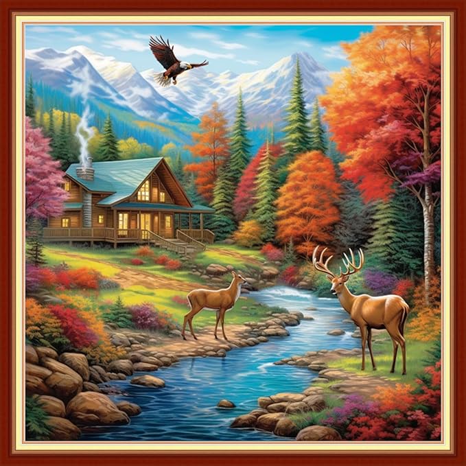 Joyhoor Stamped Cross Stitch Kits for Beginners, Needlepoint Kits for Adults, 11CT Counted Embroidery Kits-Late Autumn Elk 18x18 inchs