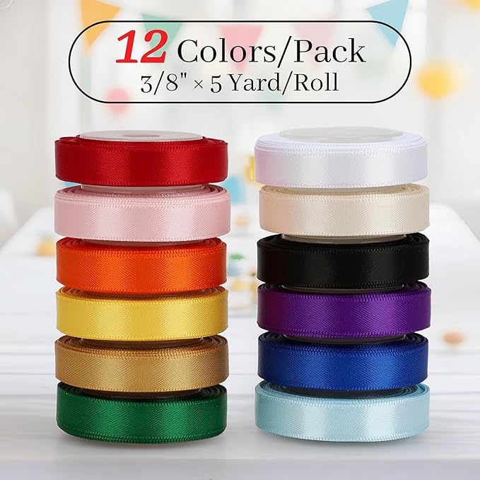 Double-Faced Rainbow Satin Ribbon Set – 12 Colors, 3/8 Inch x 5 Yards Rolls, 60 Yards Total Colorful Ribbons for Gift Wrapping, Hair Bows, Wedding & Party Decorations, DIY Crafts