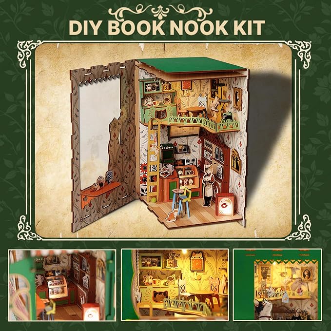 Book Nook Kit,DIY Miniature House Kit for Adults, Teens and Beginners, Dollhouse Booknook Cat Cafe Tiny House Bookshelf Decor 3D Wooden Puzzle, Gifts for Family, Friends