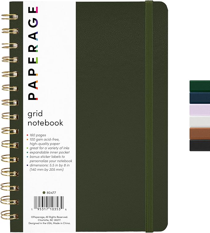 PAPERAGE Graph Paper Spiral Notebook & Journal, (Olive Green), 160 Pages, Medium 5.5 inches x 8 inches - 100 GSM Thick Graphing Paper, Hardcover, Double-Wire Grid Spiral Notebook