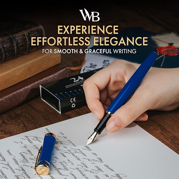 Wordsworth & Black Fountain Pen Set, 18K Gilded Fine Nib, Includes 24 Pack Ink Cartridges, Ink Refill Converter & Gift Box, Gold Finish, Calligraphy, [Imperial Blue], Perfect for Men & Women