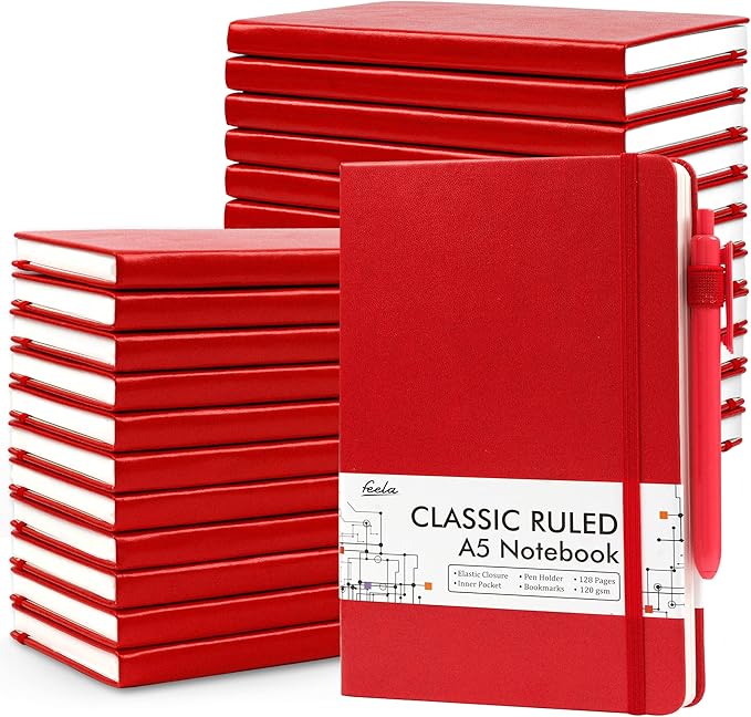 feela 24 Pack Journal Notebook for Work, Business Notebook Bulk Hardcover Lined Writing Journal with Pen Holder for Men Women Note Taking, with 24 Black Pens, 120 GSM, 5.1”x8.3”, A5, Red