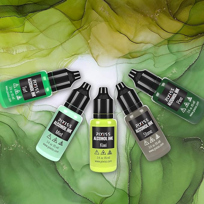 Pixiss Green Alcohol Ink Set - 5 Shades of Highly Saturated Alcohol Ink for Epoxy Resin Supplies, Yupo Paper, Tumblers, Coasters - Resin Colorant for Epoxy Resin and Resin Art Supplies
