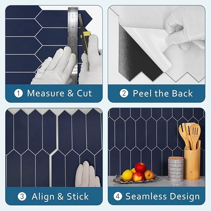 SUNWINGS Backsplash Tile for Kitchen Peel and Stick, Stone Composite Self Adhesive Tiles Long Hexagon Mosaic Wall Tile for Kitchen, 12 Inch x 11.22 Inch 10 Sheets Navy Blue