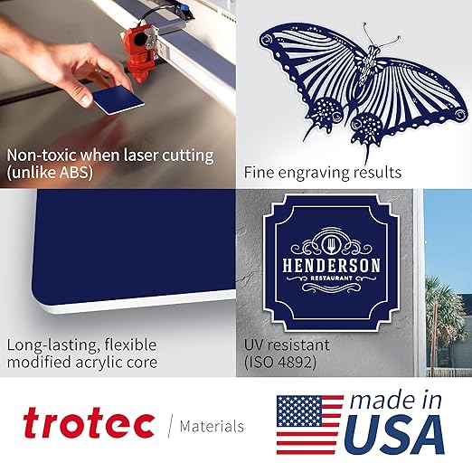 Trotec TroLase | 12"x24"x1/16", 4 Pcs | Blueberry/White | 2 Ply | Modified Acrylic | Laser Engraving Double Color Plastic Sheet | Engraving Blanks for Laser, Saw, Guillotine | Made in USA