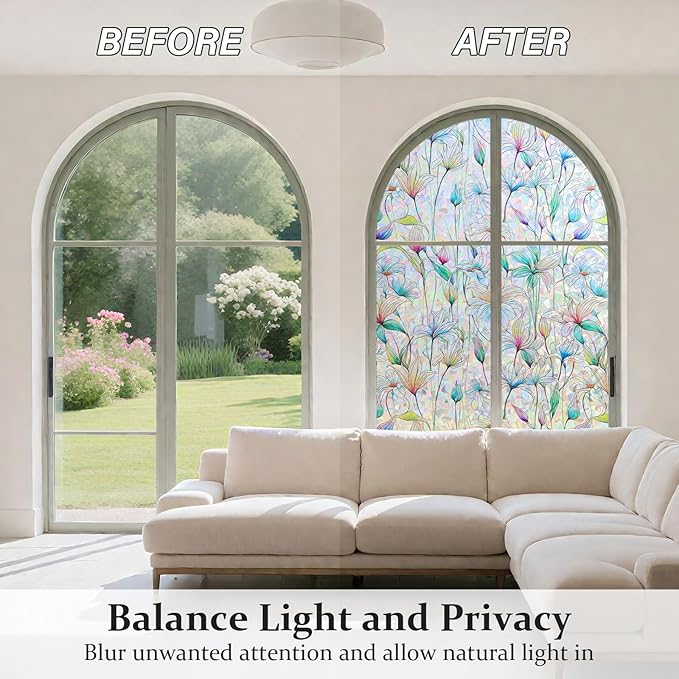 Donox Decorative Window Privacy Film, 3D Floral Stained Glass Window Film Static Cling Rainbow Privacy Sticker for Glass Door Heat Control Anti UV, No Adhesive (Magnolia,23.6 x 157.4 inches)