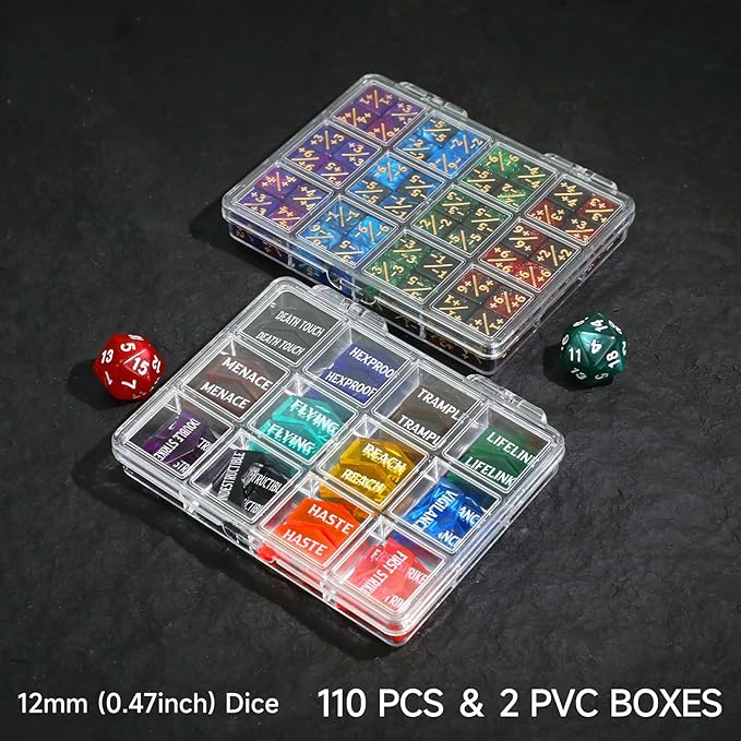 110PCS MTG Tokens & 12mm Life Counter Dice Set for Magic The Gathering with Box, Bulk Ability MTG Tokens D20 Loyalty 6 Sided Dice, Compatible with TCG CCG Magic Card Gaming Accessories