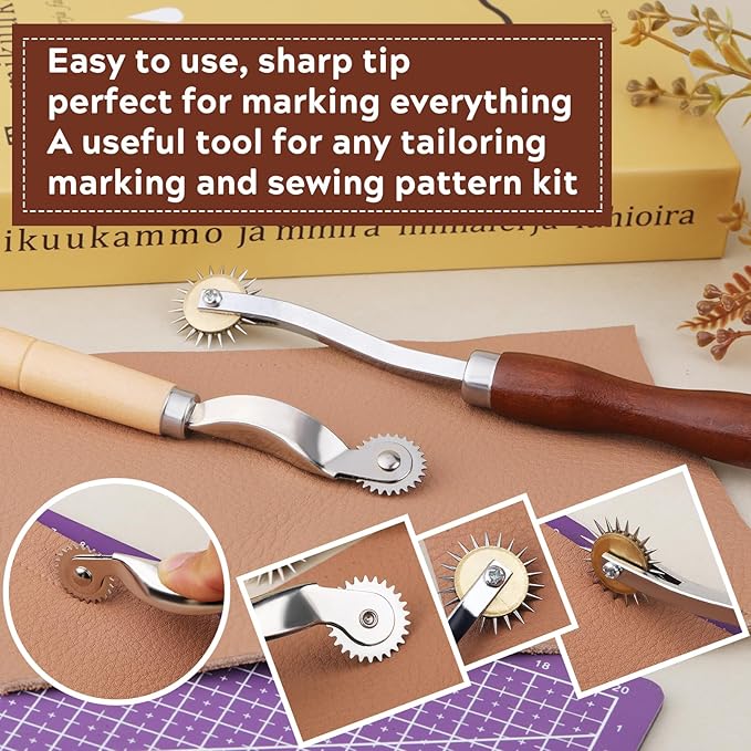 JNENERY 4PCS Tracing Wheel Sewing Tool,Professional Stitch Marking Spacer,Wood and Stainless Steel Pounce Wheel,Pounce Wheel for Sewing Patterns with Wooden Handle forTracing Paper and Leather Crafts