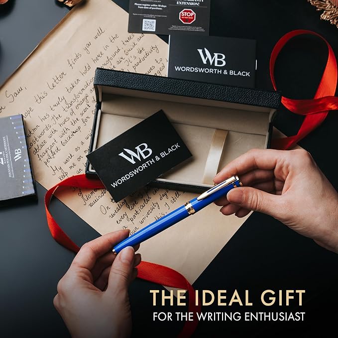Wordsworth & Black Fountain Pen Set, 18K Gilded Fine Nib, Includes 24 Pack Ink Cartridges, Ink Refill Converter & Gift Box, Gold Finish, Calligraphy, [Imperial Blue], Perfect for Men & Women
