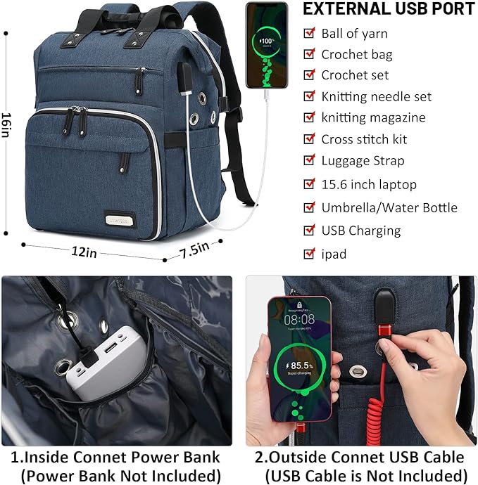 Crochet Backpack,Knitting Bag Backpack Yarn Storage Organizer Travel Crochet Bag with USB Charging Port,Large Yarn Tote Bag Yarn Holder Case for Knitting Needles,Crochet Hooks,Crochet Accessories,Blue