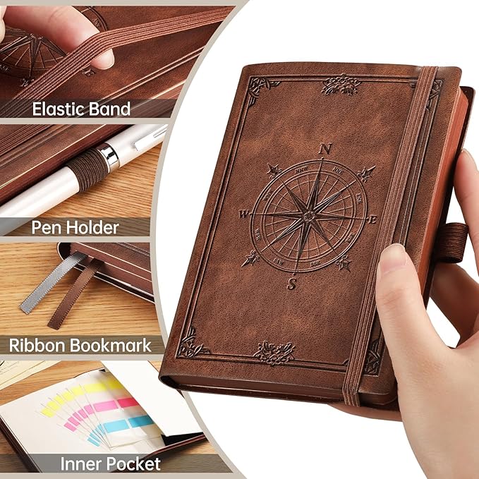 AHGXG Small Lined Pocket Journal Notebook for Men - 256 Numbered Pages College Ruled B6 Mini Journal, Vintage Soft Leather Hardcover, 80gsm Paper, for Women Work Office School, 4.1'' X 5.7''- Brown
