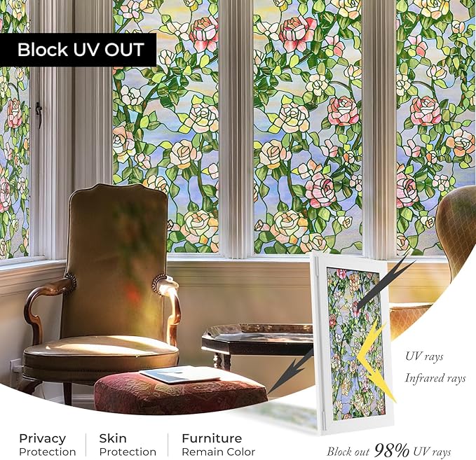 3D Stained Glass Window Film, Decorative Window Privacy Film for Bathroom, Front Door, Home, Sun Blocking Heat Control, Static Cling, Beast Rose 35.4inch x 78.7inch