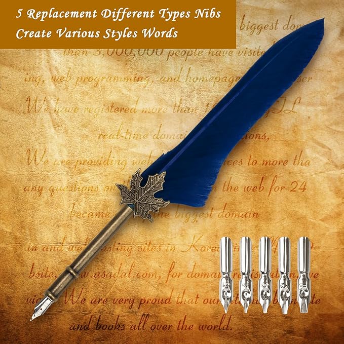 AHIER Quill Pen and Ink Set, Feather Pen Quill Pen Set Includes 5 Steel Replacement Nibs,Pen Nib Base and Dip Ink Bottle for Antique Calligraphy (Blue)