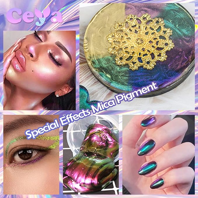 Ceya Chameleon Mica Powder, 1.8oz/ 50g Lavish Party Chrome Nail Powder, Cosmetic Grade Pearlescent Effect Color Shift Pigment for Epoxy Resin, Makeup, Nail Polish, Soap Dye, Candle Making, Craft