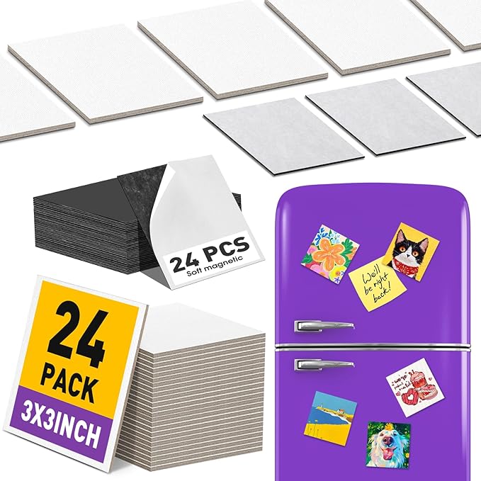 ESRICH 24 Pack 3x3IN Mini Magnetic Canvas Panels, Small Canvases for Painting for Oil, Watercolor, Acrylic Painting & DIY Crafts with 24PCS 3x3IN Square Flat Canvas Boards, 24PCS Soft Magnets