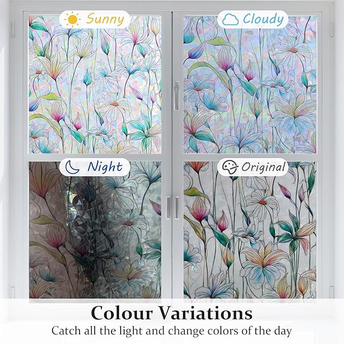 Donox Decorative Window Privacy Film, 3D Floral Stained Glass Window Film Static Cling Rainbow Privacy Sticker for Glass Door Heat Control Anti UV, No Adhesive (Magnolia,17.5 x 157.4 inches)
