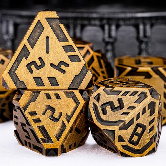 Metal DND Sci-fi Dice Set 7PCS Stripe Polyhedral Dice for Dungeons Dragons RPG Role Playing Game, Glitter D and D Dice with Gift Box D6 D8 D10 D12 D20 (Antique Gold)