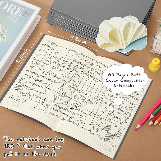Handepo 100 Pack Composition Notebooks A5/A6 Ruled Lined Composition Kraft Notebooks Bulk Soft Cover Journals Travel Diary Memo for Students Classroom Office Supplies(A5,Gray)