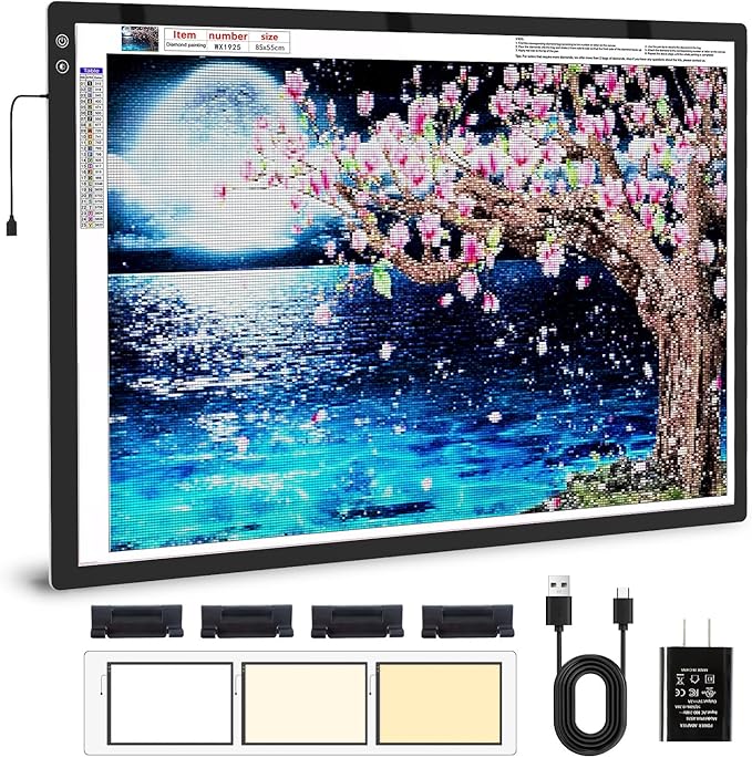Zocelight A1(35.4''x 23.6'') Large Rechargeable Light Pad for Diamond Painting,6 Levels & Stepless Dimming Light Box for Tracing,3-Color Modes Light Board,Built-in 6000mAh Battery Light Table for Art