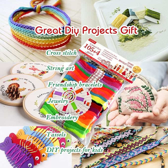 Embroidery Floss Rainbow Color 109 Skeins Per Pack Cross Stitch Threads Friendship Bracelets Floss Crafts Floss with 3 Weaved Plate（105 pcs Embroidery Floss +4 Metallic Embroidery Thread