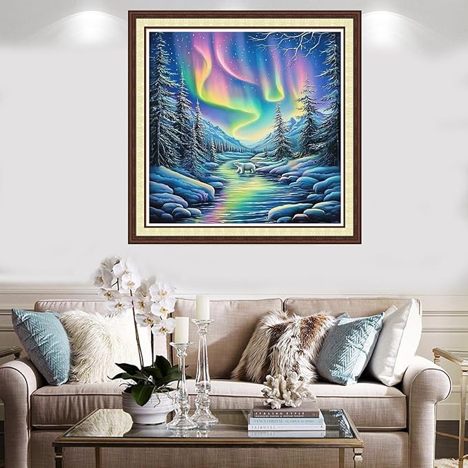 Findvoor Counted Cross Stitch Kits for Adults Full Range of Cross Stitching Embroidery Unprinted Pattern for Beginners, 11CT Needlepoint Kit Patterns Embroidery Kits-Northern Lights Bear 18x18 inch