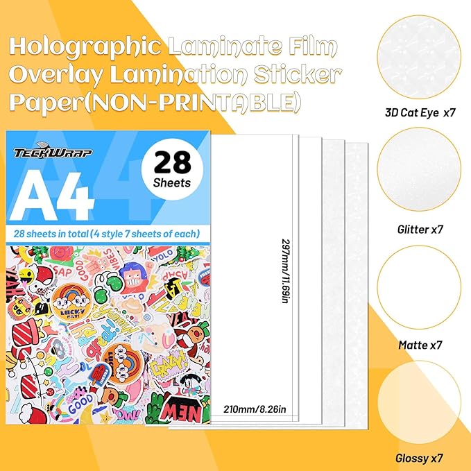 TECKWRAP Laminating Sheets Clear Vinyl Laminate Sheets Sticker Paper for Inkjet Printer Printable Vinyl Stickers, Photo Paper 8.26" x 11.69" A4 28 Sheets (3D Cat Eye, Glitter, Glossy, Matte)