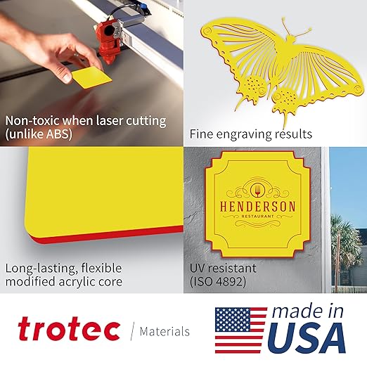 Trotec TroLase | 12"x24"x1/16", 4 Pcs | Yellow/Red | 2 Ply | Modified Acrylic | Laser Engraving Double Color Plastic Sheet | Engraving Blanks for Laser, Saw, Guillotine | Made in USA