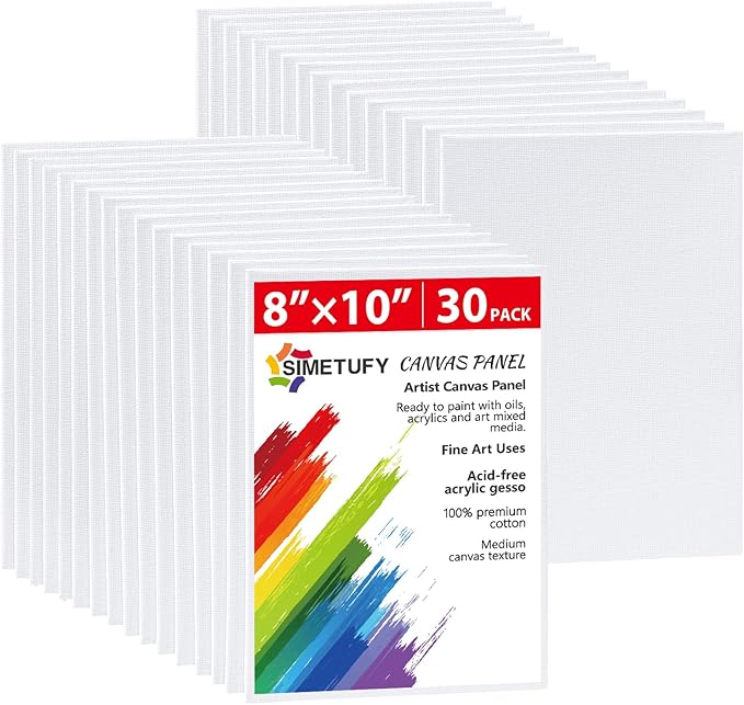 Simetufy 30 Pack 8x10 Inch Painting Canvas, Blank Cotton Canvas Panels Bulk Value Pack for Party, Acrylics Oil Watercolor Tempera Paints